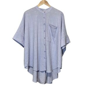 Davi & Dani Light‎ Blue Oversize Sparkle Button Down Top Lagenlook Womens M